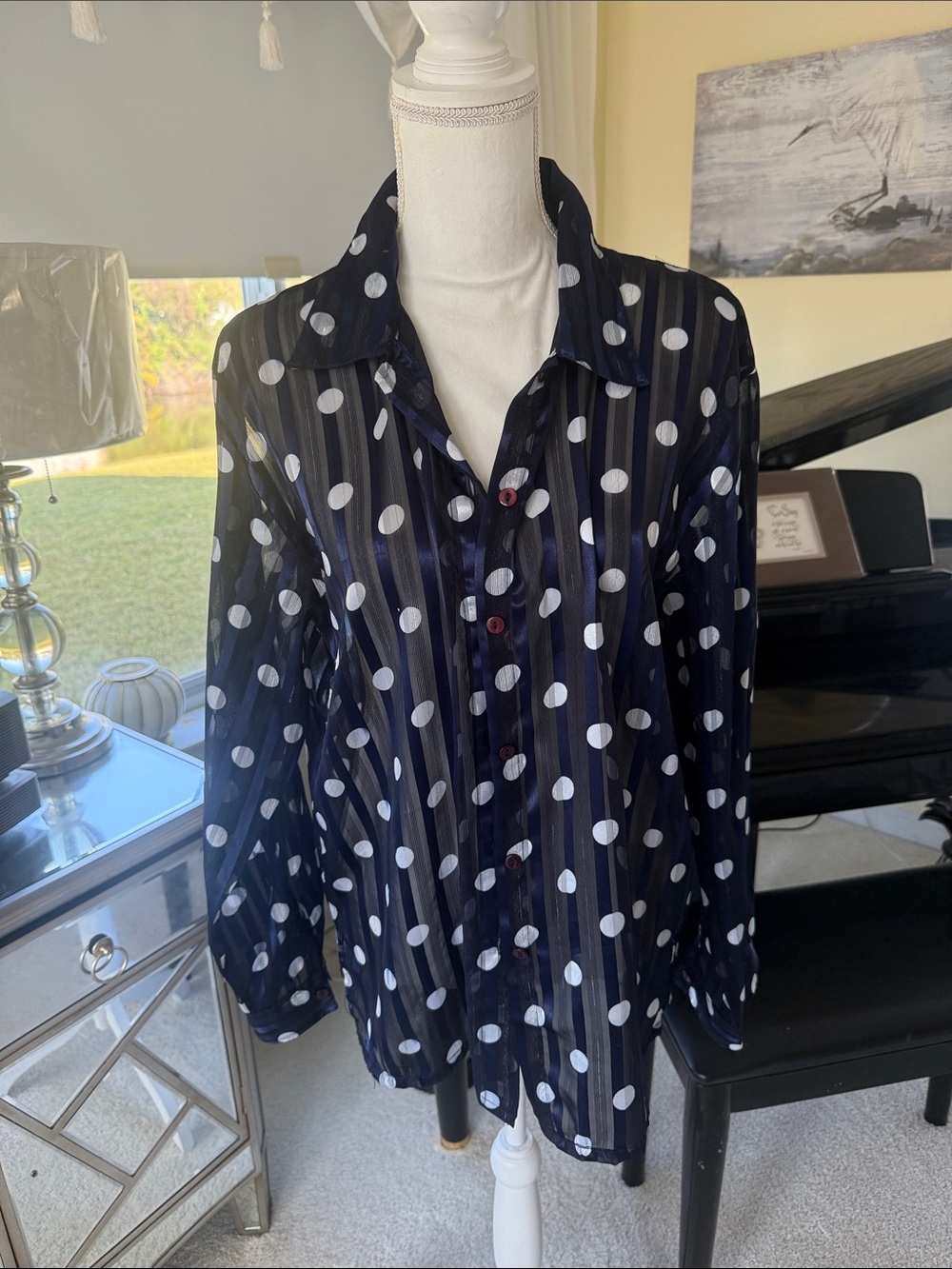 O' Kief & O'Kief Navy and White Polka Dot Sheer long sleeve blouse work career